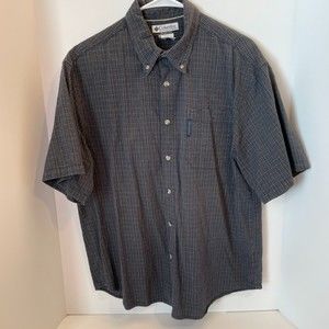 Columbia Blue Check Button Down Short Sleeve 100% Cotton Seersucker Shirt-Medium
